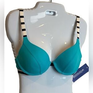 NWT Sunflair Teal/Black Striped Detail Bikini Top 34 B‎